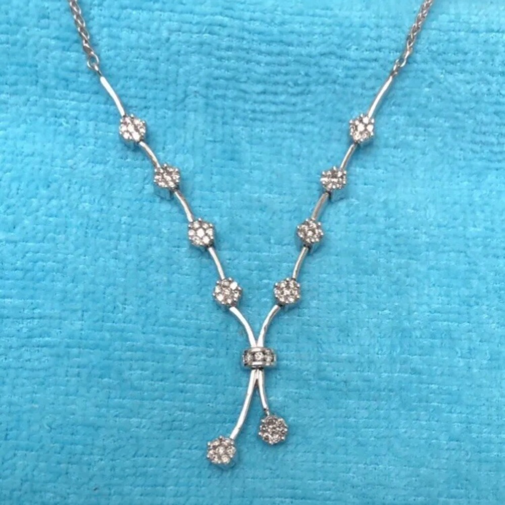 Diamond Necklace Round Flower Cluster V Bar 14k White Gold